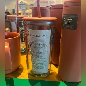 Rare Starbucks glass cup with pink lid. HARD FIND